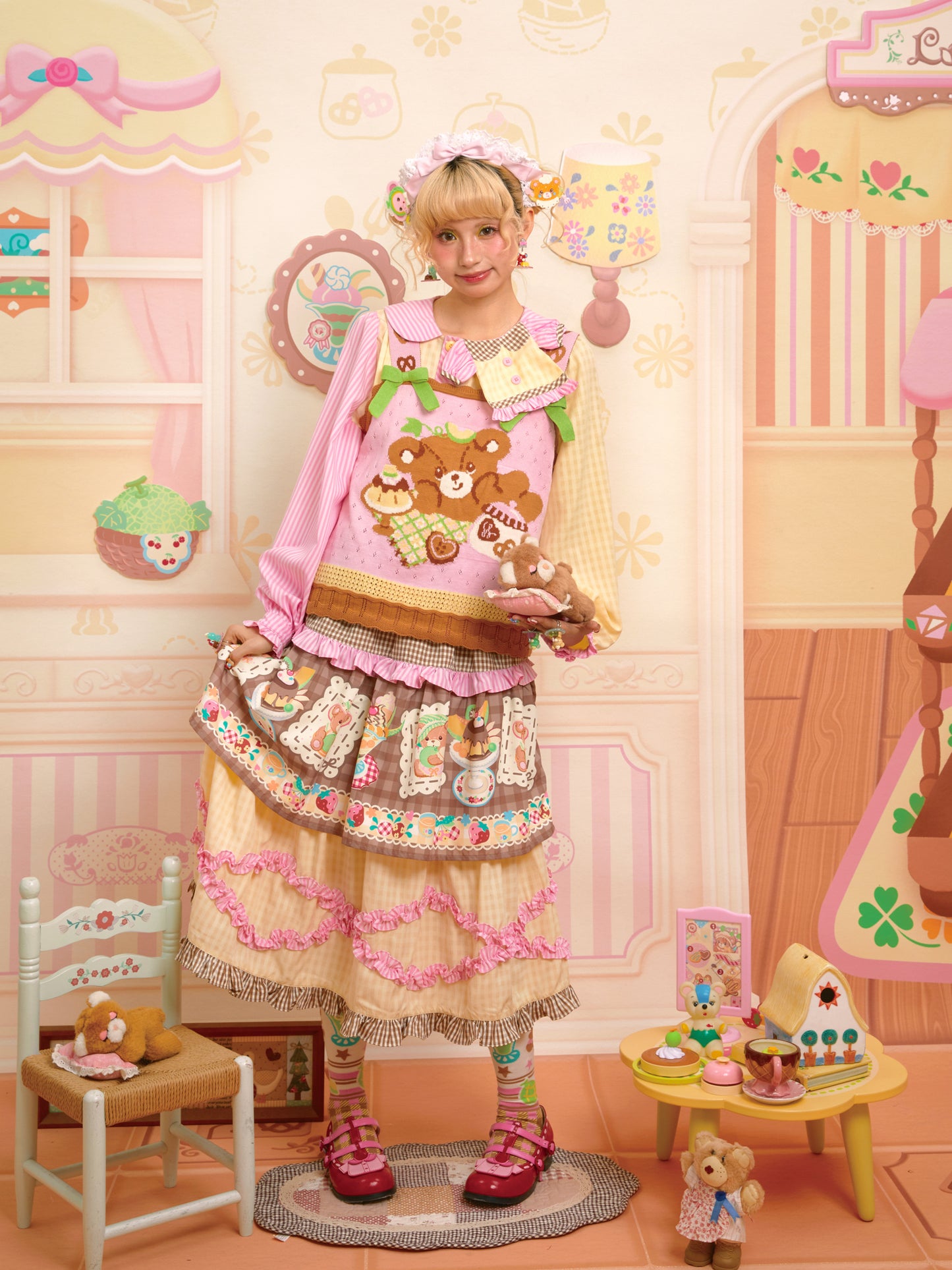 Pink Bear Afternoon Tea Pattern Hollow Knit Camisole Vest