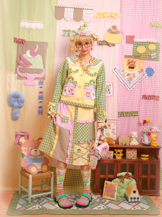 Original patchwork plaid embroidered melon-colored jacket & patchwork skirt set