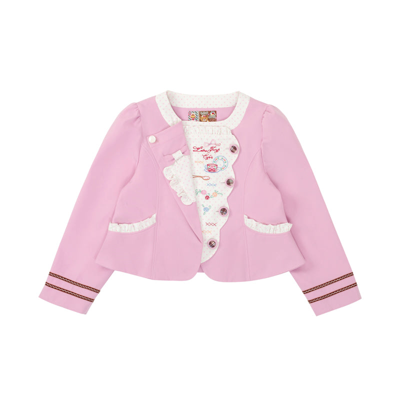 Retro Polka Dot Embroidery Tea Break Suit Jacket Pink & Coffee