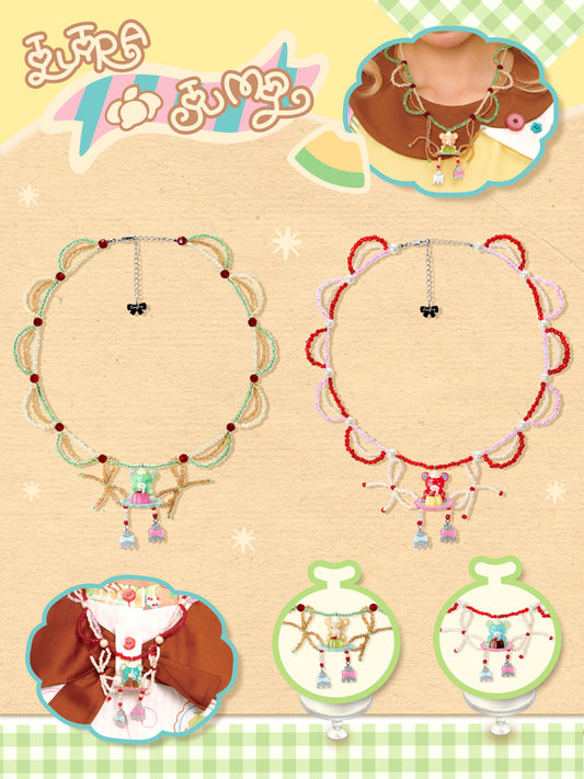 Original Vintage Pudding Bear Resin Beaded Cream Necklace