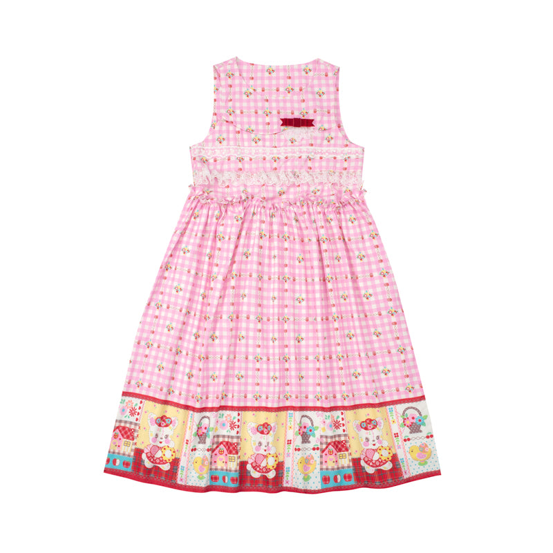 Pink plaid print bunny sweet lace loose vest dress long skirt