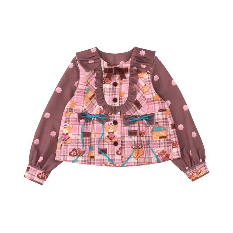 Original plaid cream print pink brown retro doll-like jacket for women