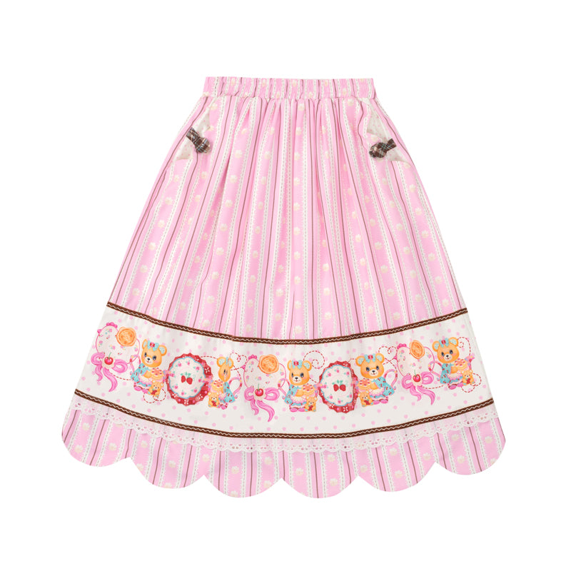 Bear Tea Party Original Striped Cream Print Elastic Waist Maxi Skirt