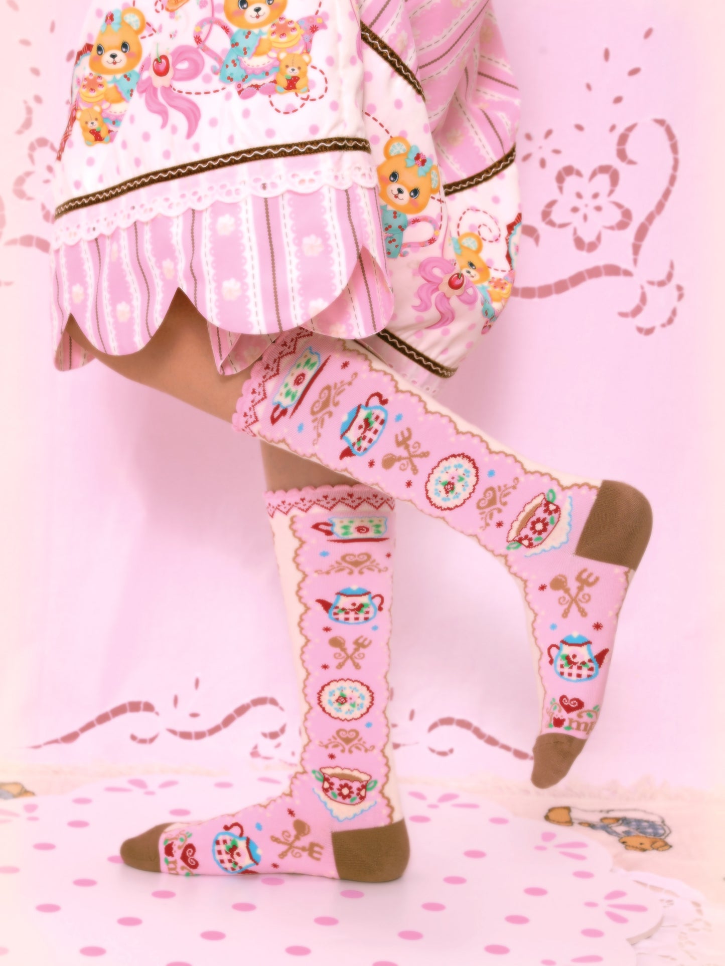 Original afternoon tea pattern lace pink versatile mid-tube socks cotton socks