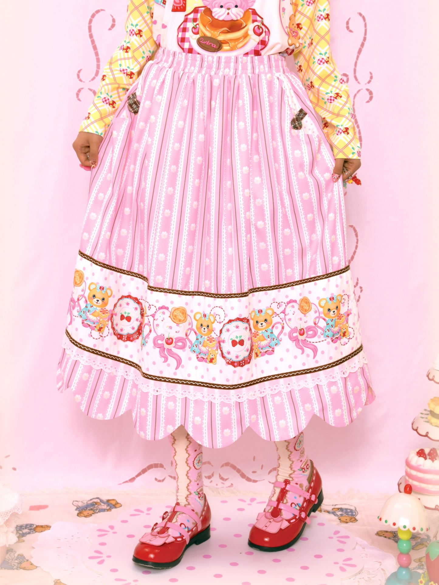 Bear Tea Party Original Striped Cream Print Elastic Waist Maxi Skirt