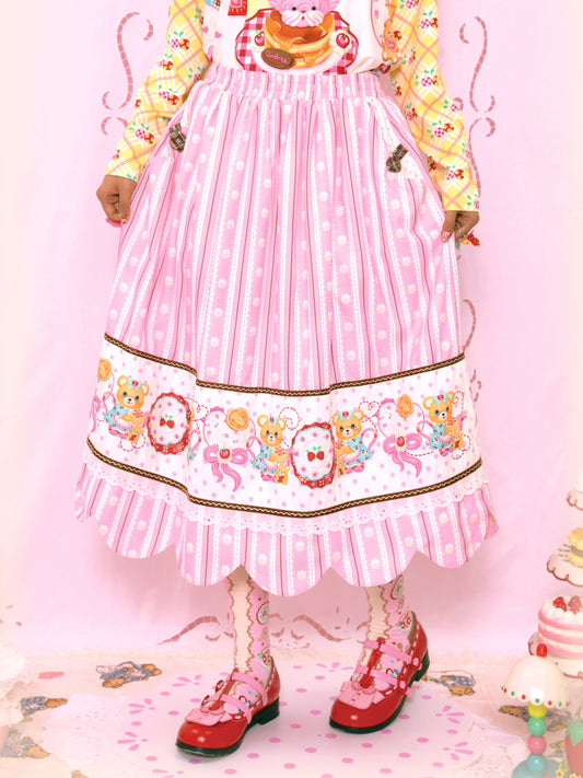 Bear Tea Party Original Striped Cream Print Elastic Waist Maxi Skirt