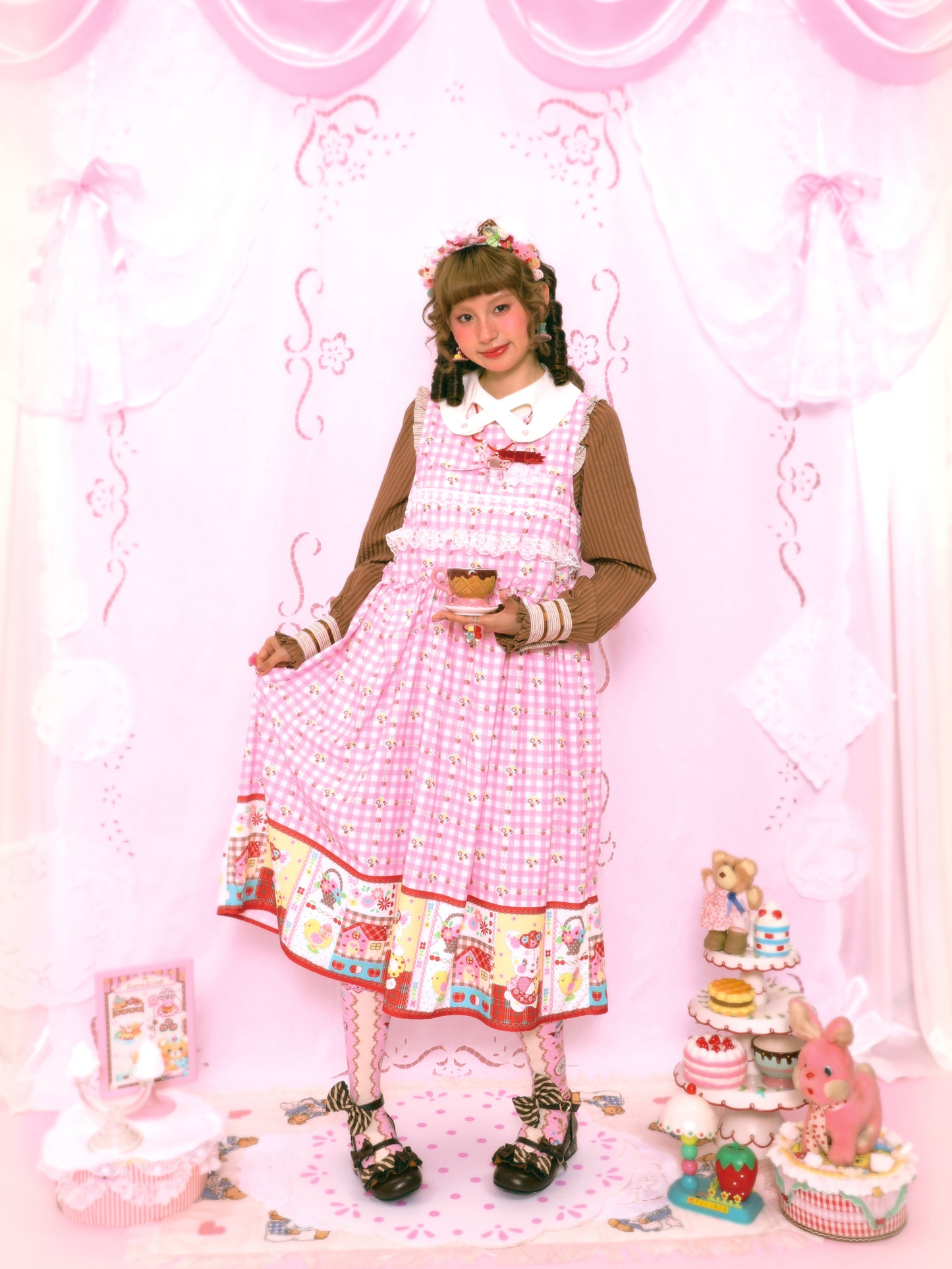 Pink plaid print bunny sweet lace loose vest dress long skirt