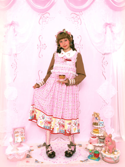 Pink plaid print bunny sweet lace loose vest dress long skirt