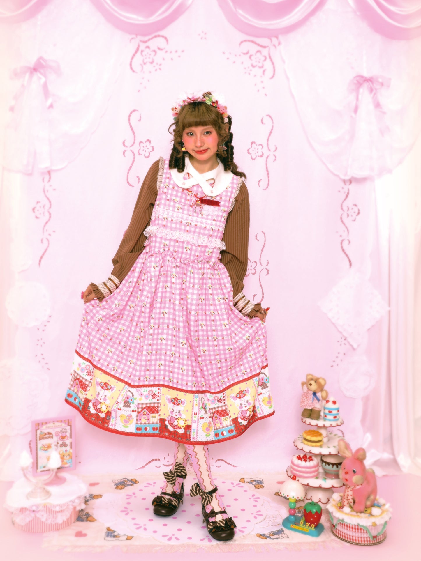 Pink plaid print bunny sweet lace loose vest dress long skirt