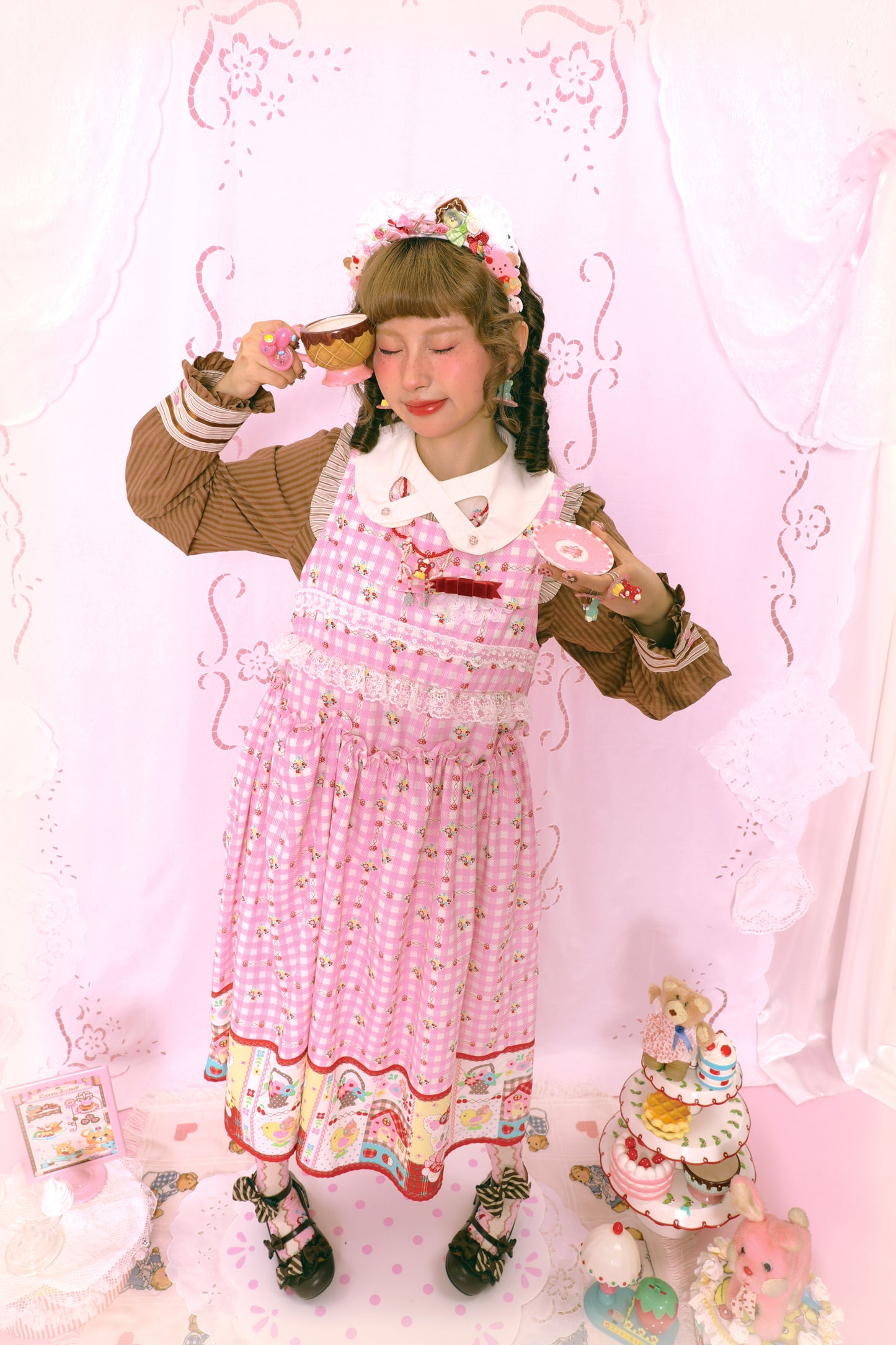 Pink plaid print bunny sweet lace loose vest dress long skirt