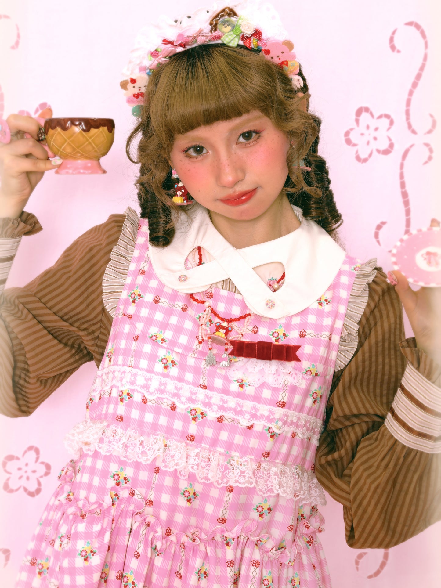 Pink plaid print bunny sweet lace loose vest dress long skirt