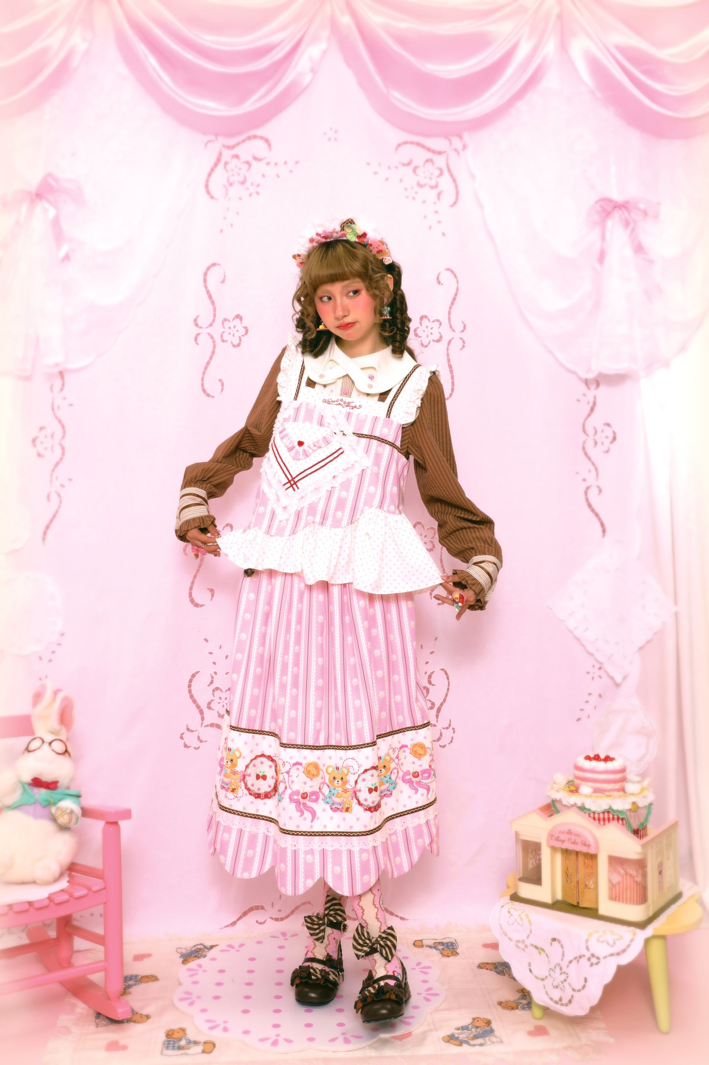 Pink polka dot cream stripes pink lace sweet versatile vest