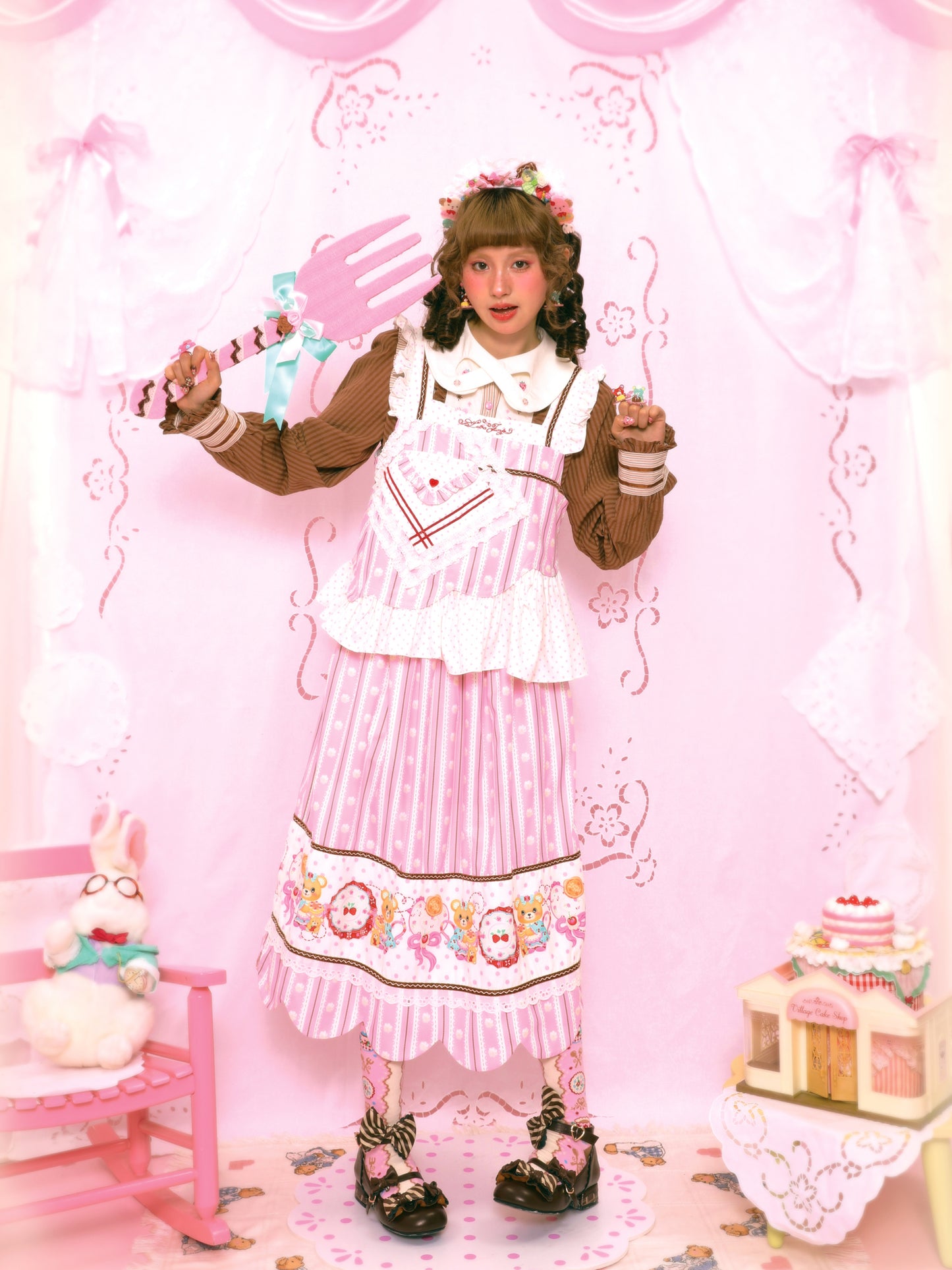 Bear Tea Party Original Striped Cream Print Elastic Waist Maxi Skirt