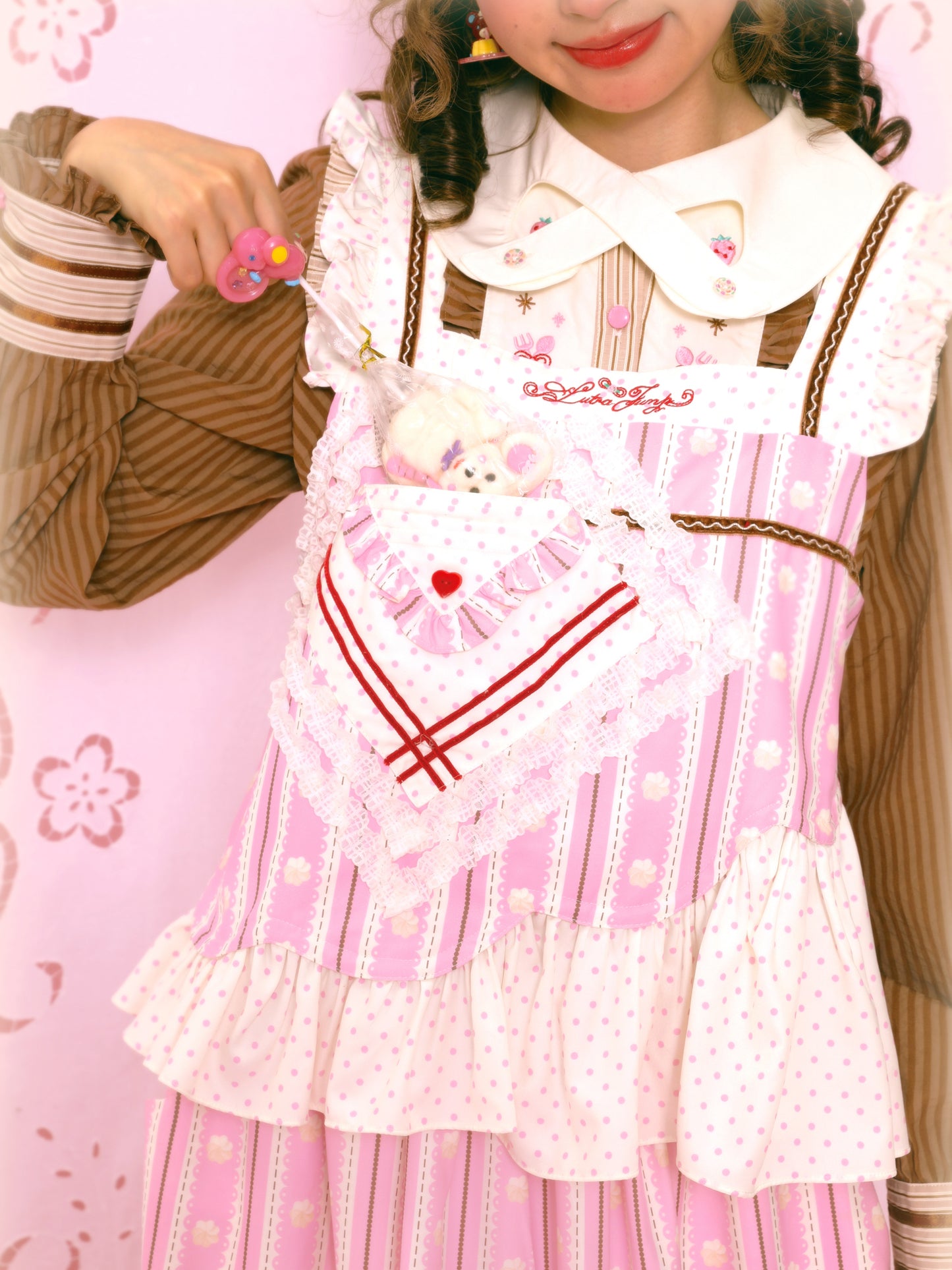 Pink polka dot cream stripes pink lace sweet versatile vest