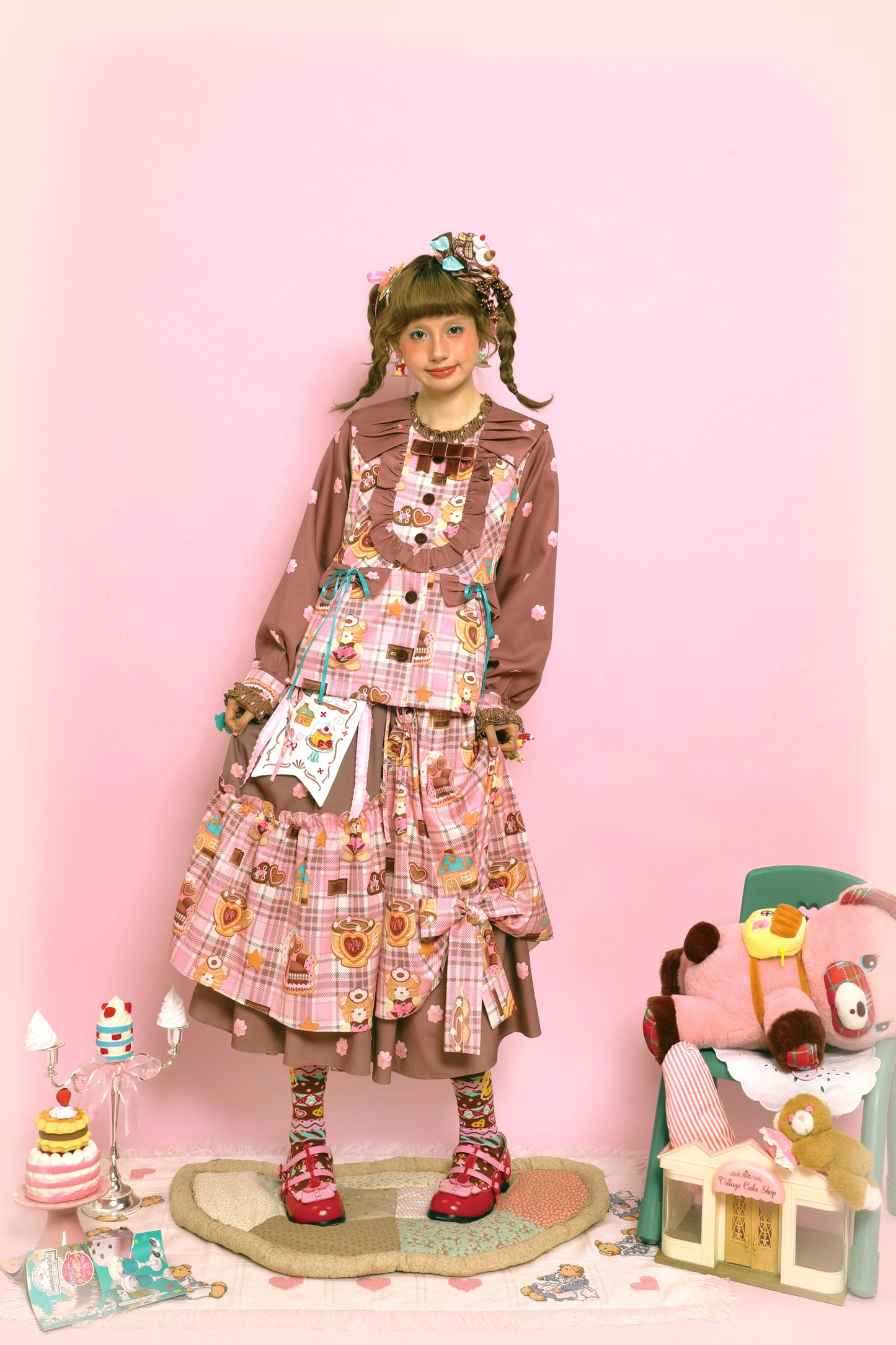 Original plaid cream print pink brown retro doll-like jacket for women