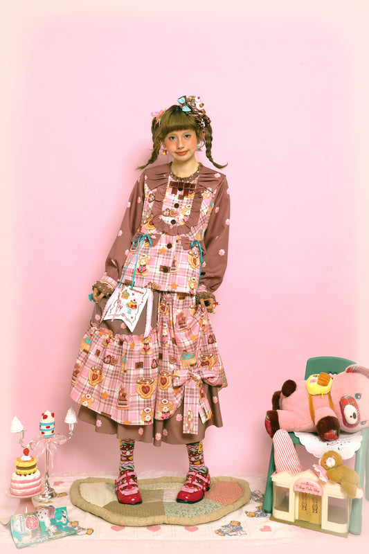 Original plaid cream print pink brown retro doll-like jacket for women