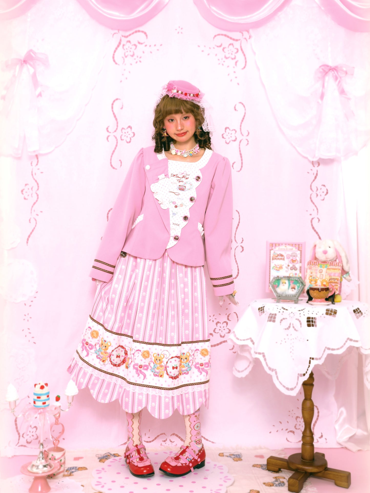 Bear Tea Party Original Striped Cream Print Elastic Waist Maxi Skirt