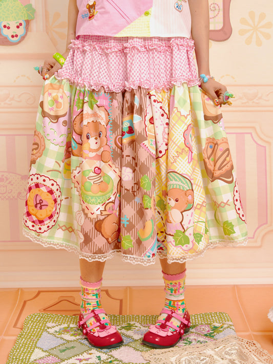 Original Print Bear Melon Patchwork Style Pattern Splicing Half Skirt Long Skirt