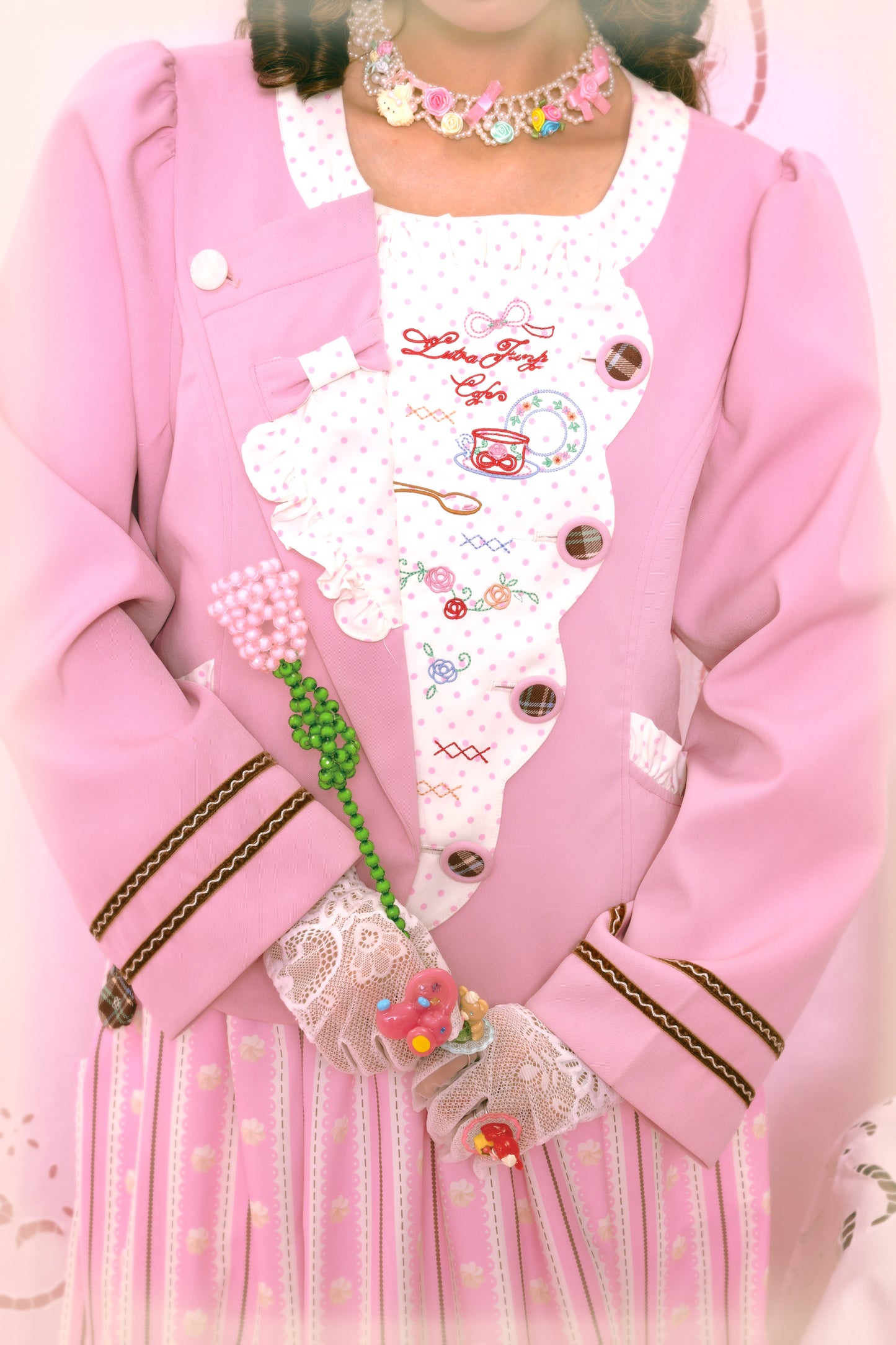 Retro Polka Dot Embroidery Tea Break Suit Jacket Pink & Coffee