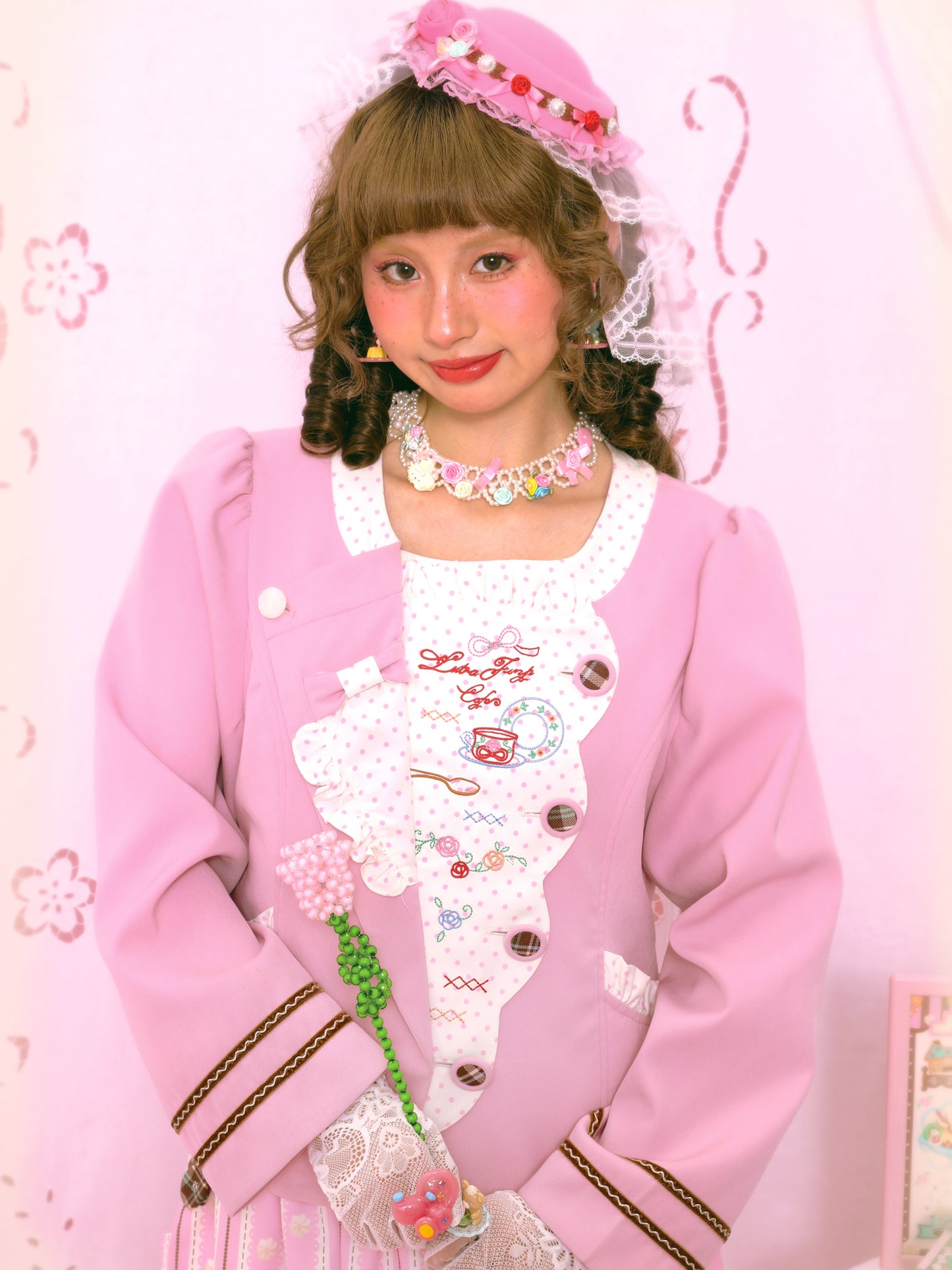 Retro Polka Dot Embroidery Tea Break Suit Jacket Pink & Coffee