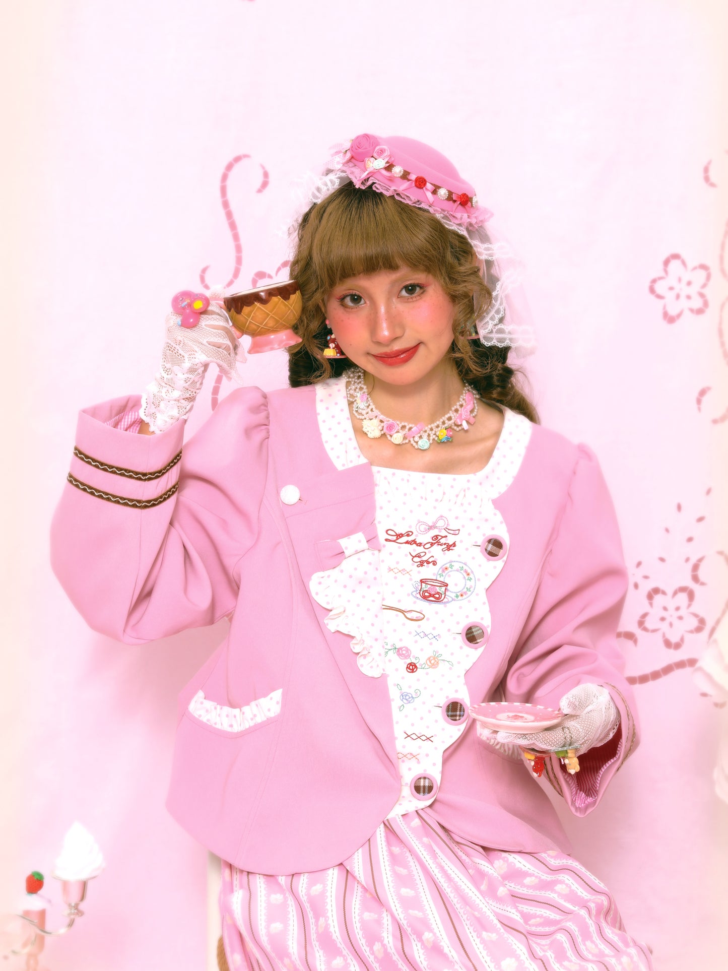 Retro Polka Dot Embroidery Tea Break Suit Jacket Pink & Coffee