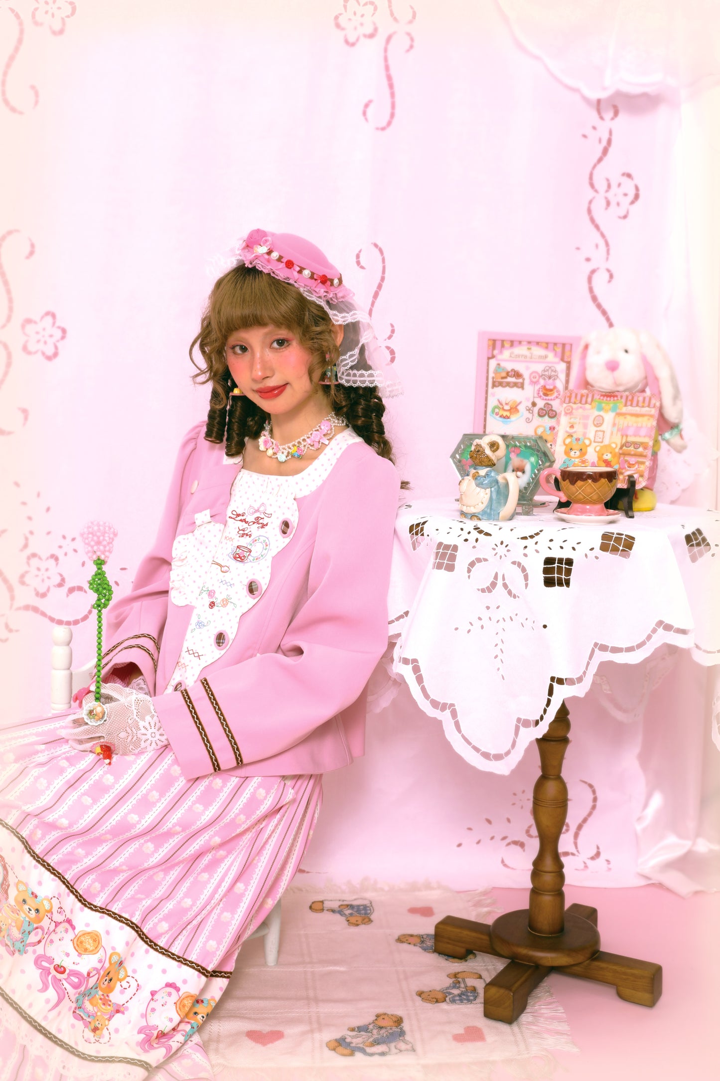 Retro Polka Dot Embroidery Tea Break Suit Jacket Pink & Coffee