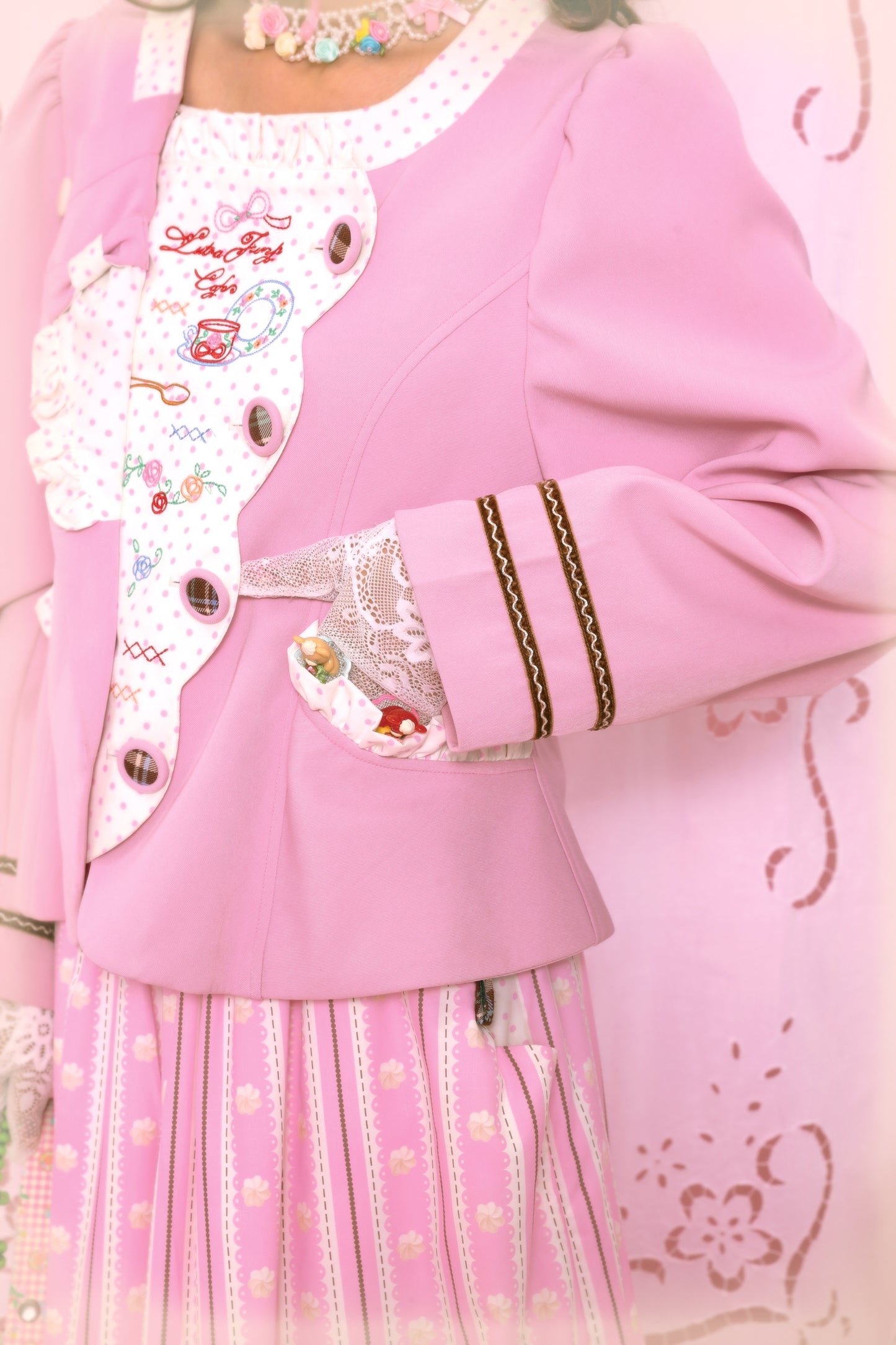 Retro Polka Dot Embroidery Tea Break Suit Jacket Pink & Coffee