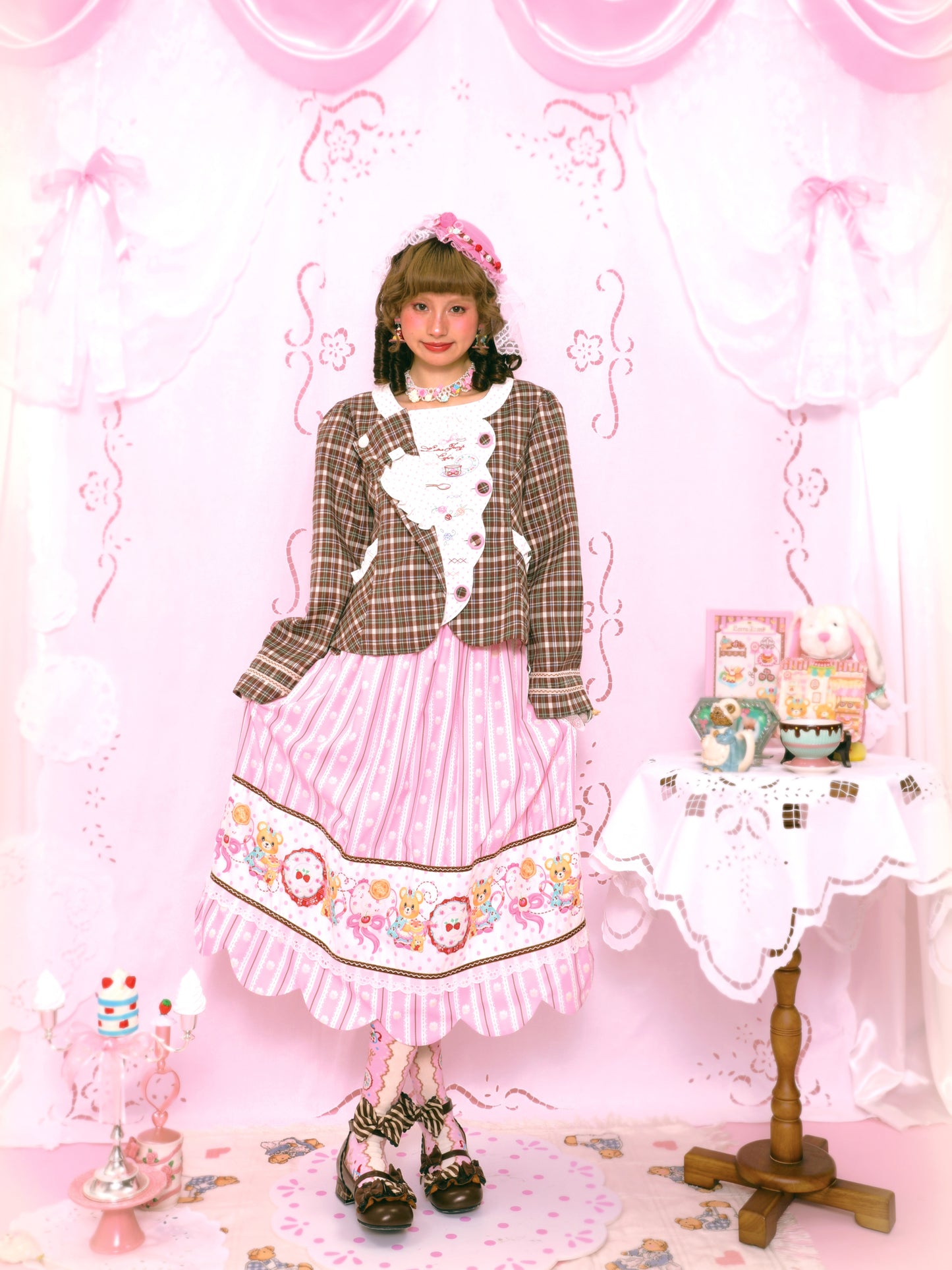 Retro Polka Dot Embroidery Tea Break Suit Jacket Pink & Coffee