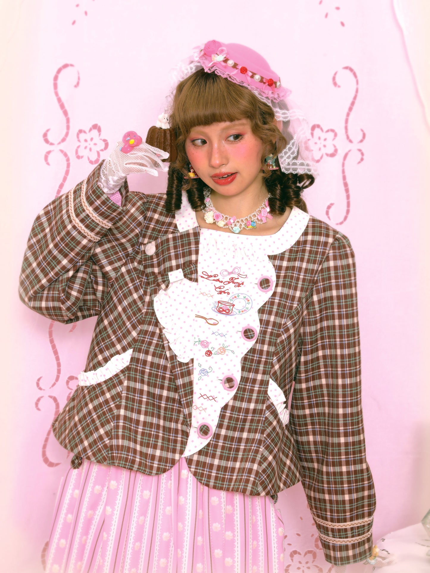 Retro Polka Dot Embroidery Tea Break Suit Jacket Pink & Coffee