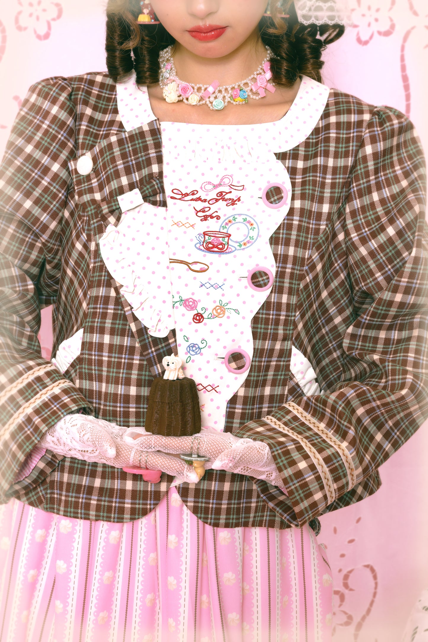 Retro Polka Dot Embroidery Tea Break Suit Jacket Pink & Coffee
