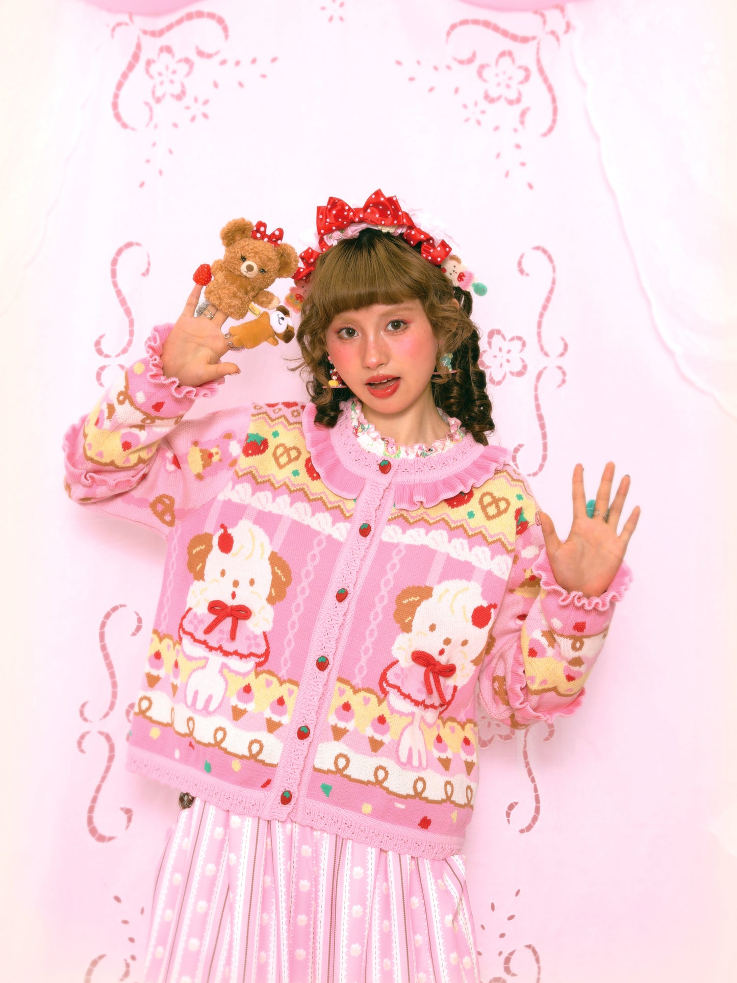 Cream Puppy Cutlery Lace Sweet Pink Knitted Cardigan Sweater