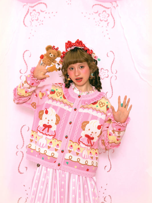 Cream Puppy Cutlery Lace Sweet Pink Knitted Cardigan Sweater