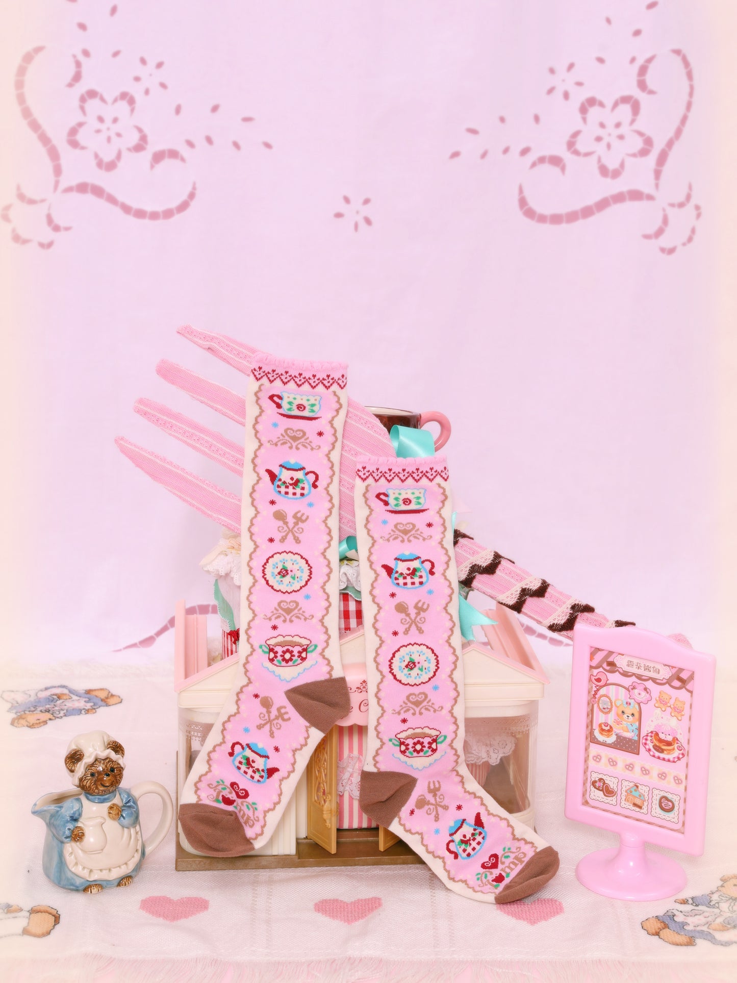 Original afternoon tea pattern lace pink versatile mid-tube socks cotton socks
