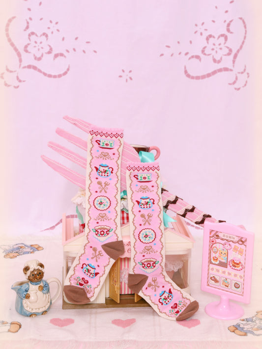 Original afternoon tea pattern lace pink versatile mid-tube socks cotton socks