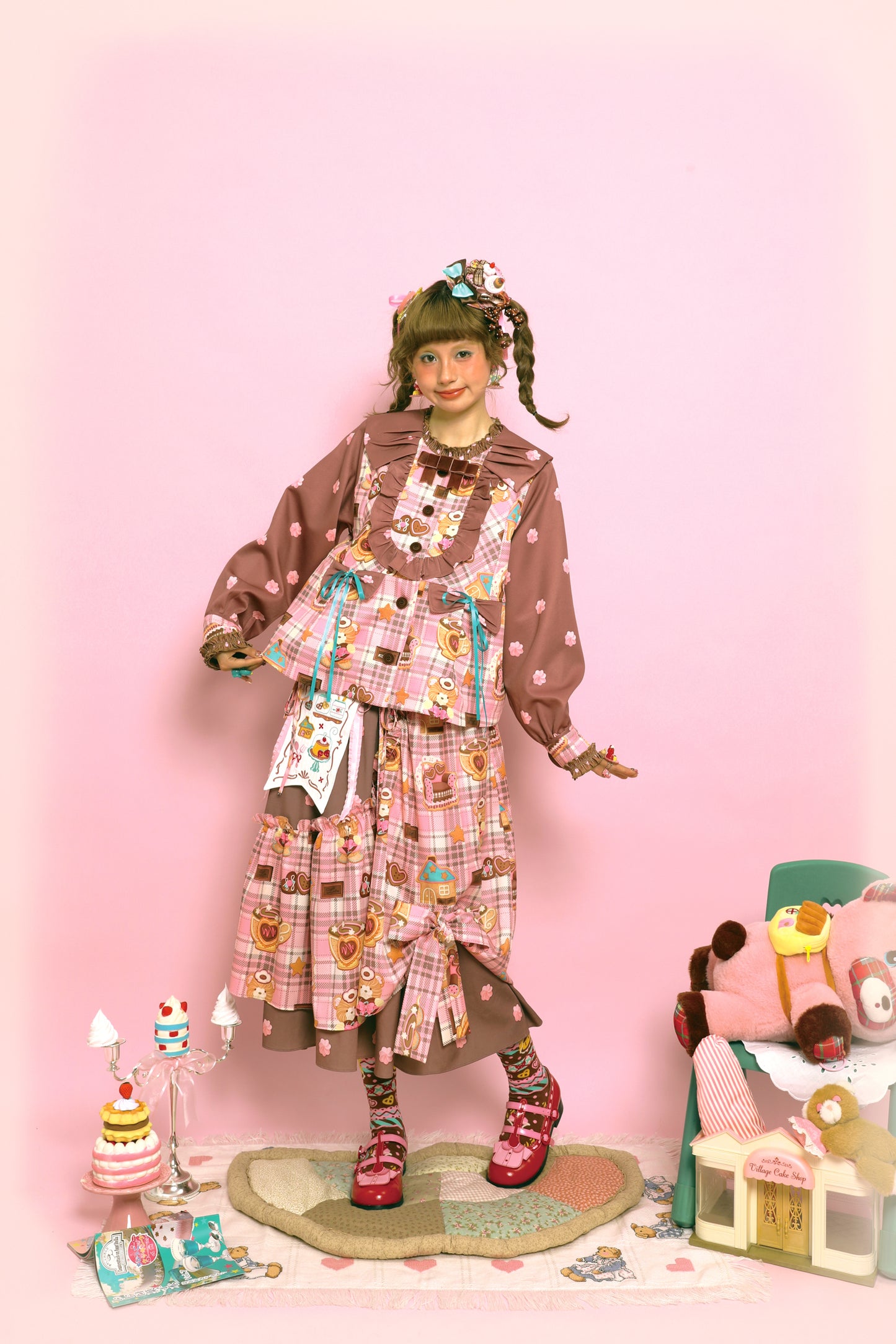 Original plaid cream print pink brown retro doll-like jacket for women