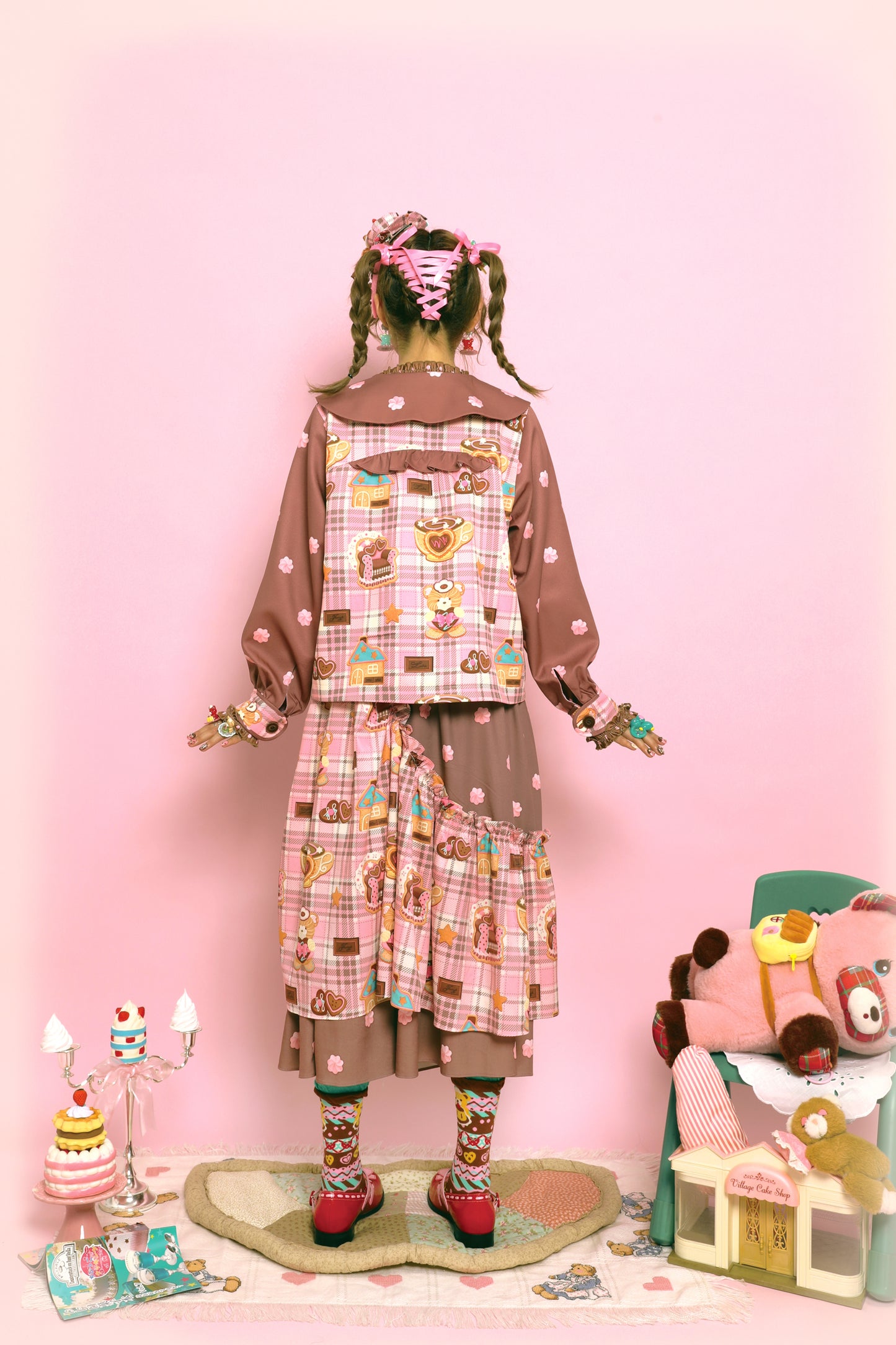 Original plaid cream print pink brown retro doll-like jacket for women