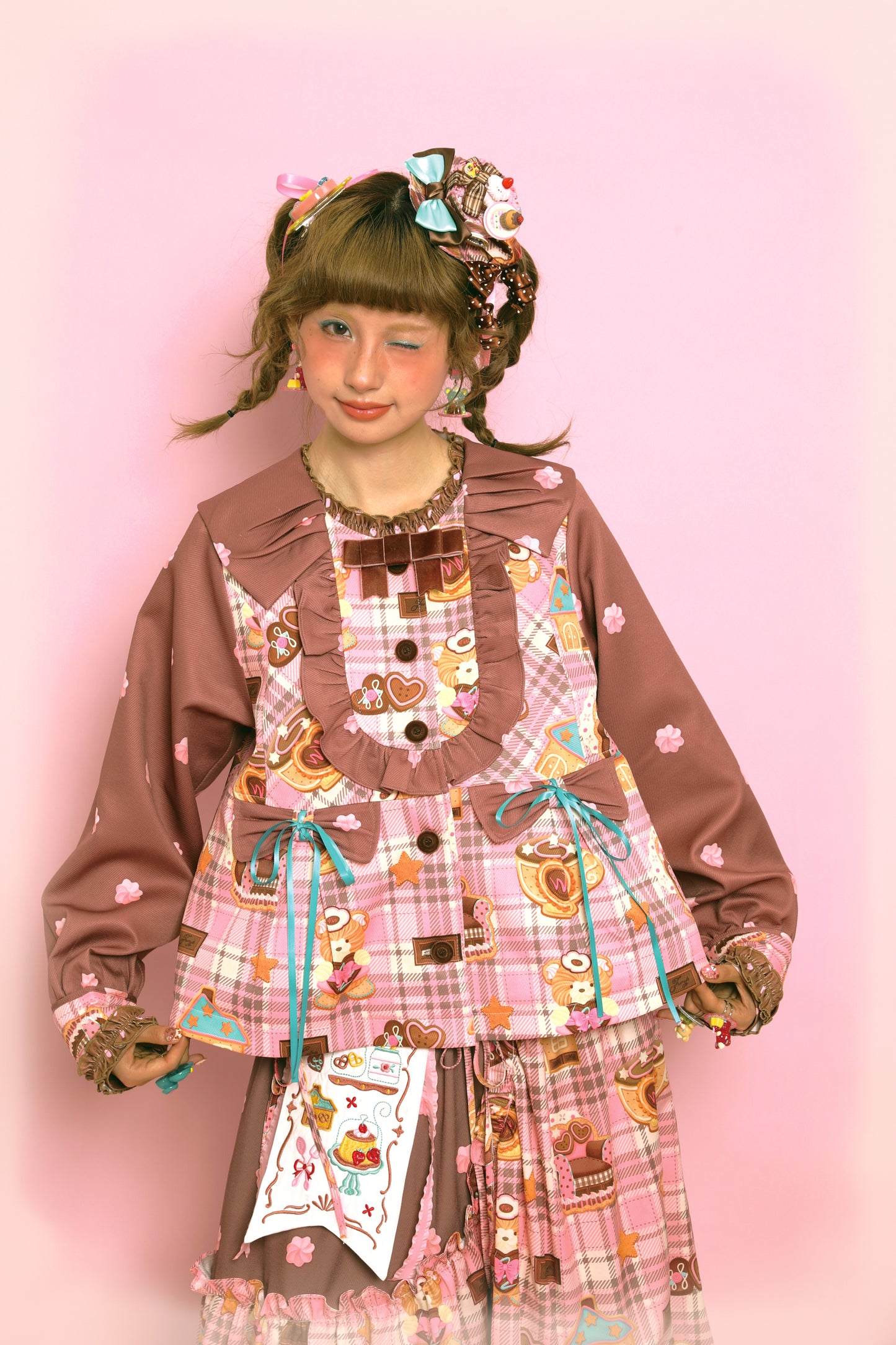 Original plaid cream print pink brown retro doll-like jacket for women