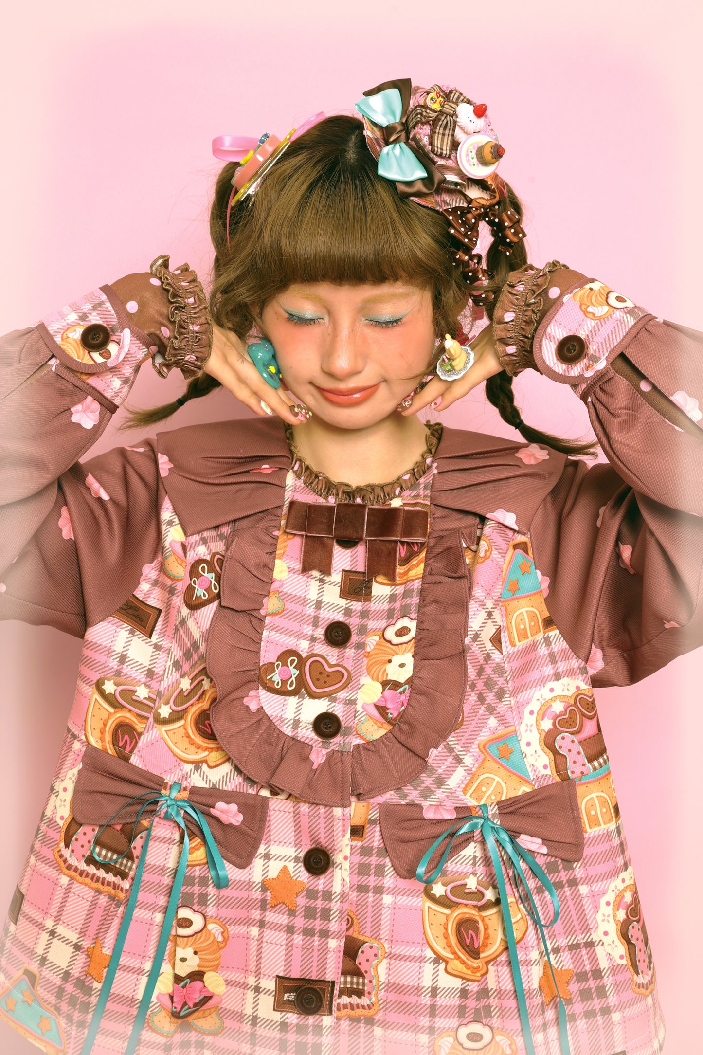 Original plaid cream print pink brown retro doll-like jacket for women