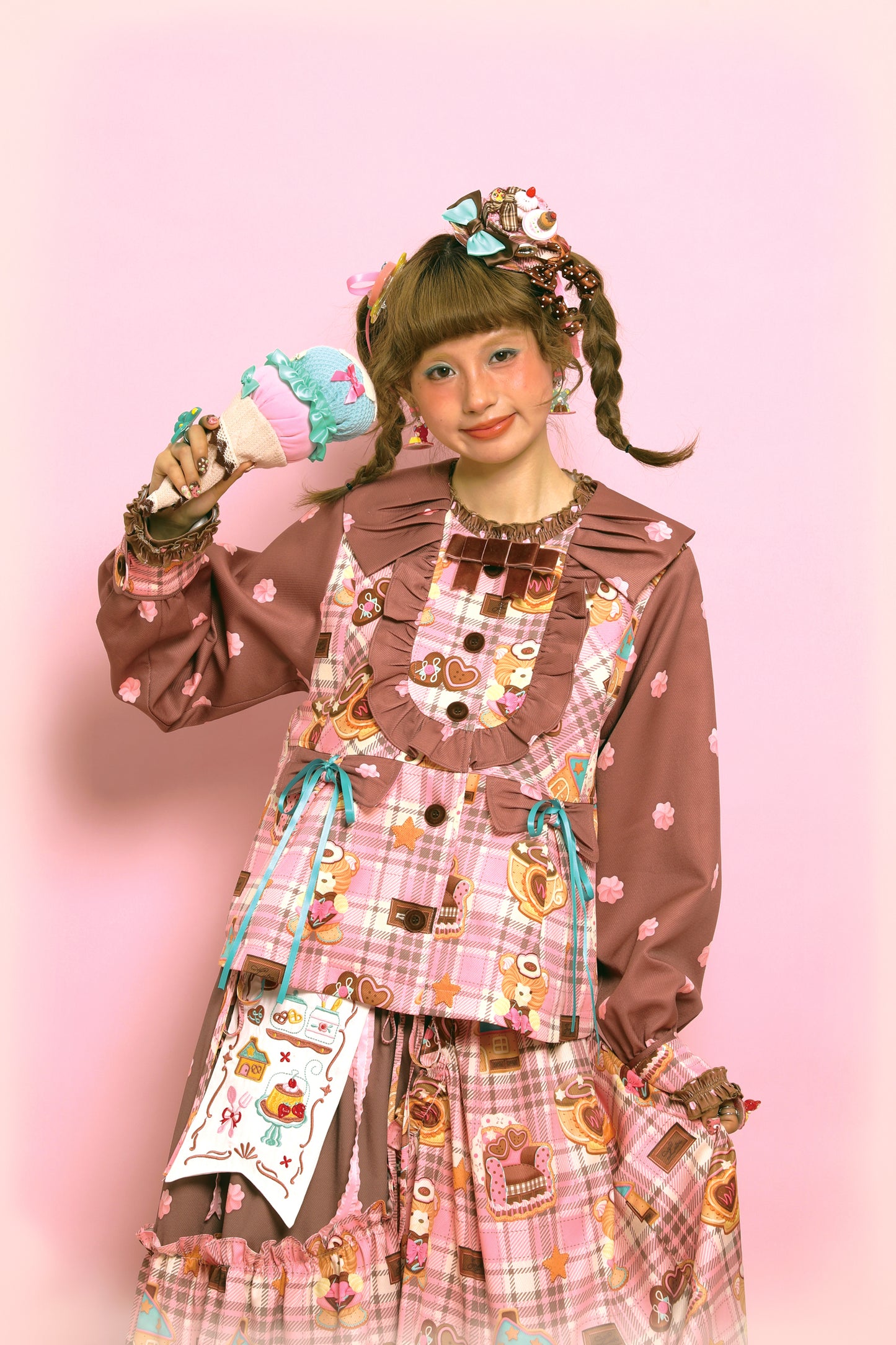 Original plaid cream print pink brown retro doll-like jacket for women