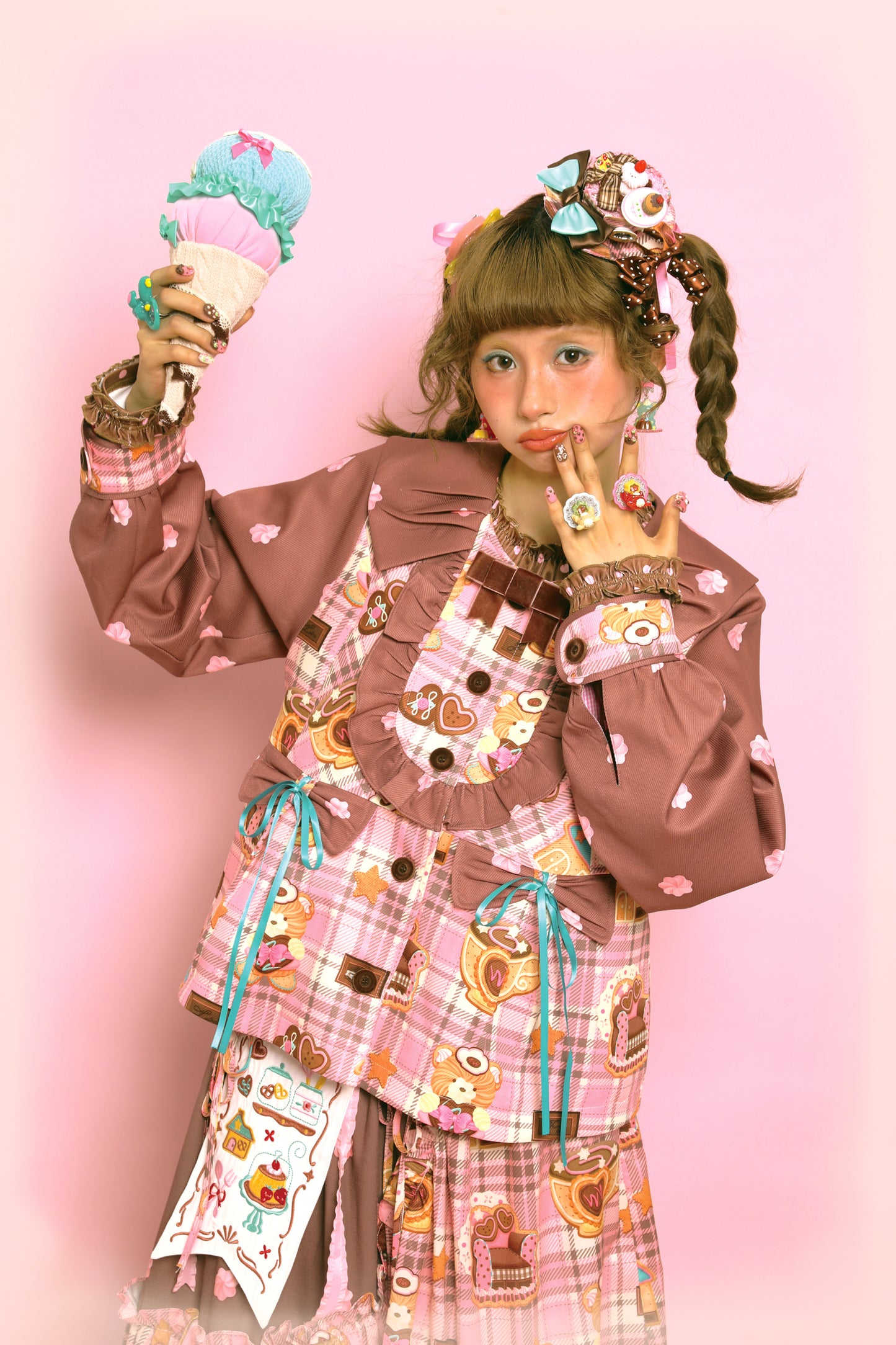 Original plaid cream print pink brown retro doll-like jacket for women