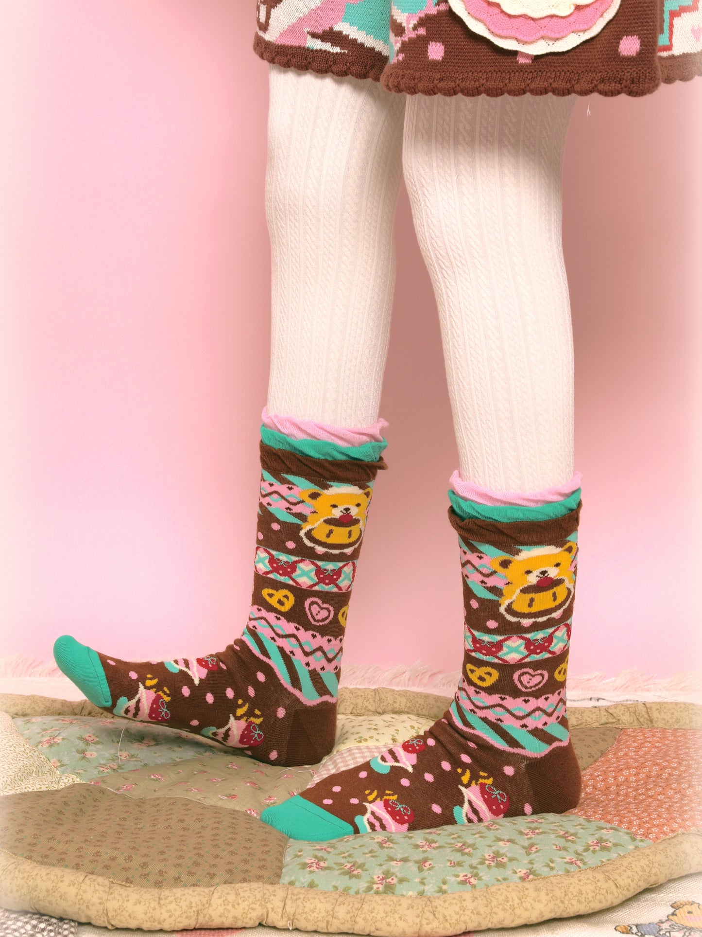 Original bear stripes thin pattern lace versatile mid-tube socks cotton socks