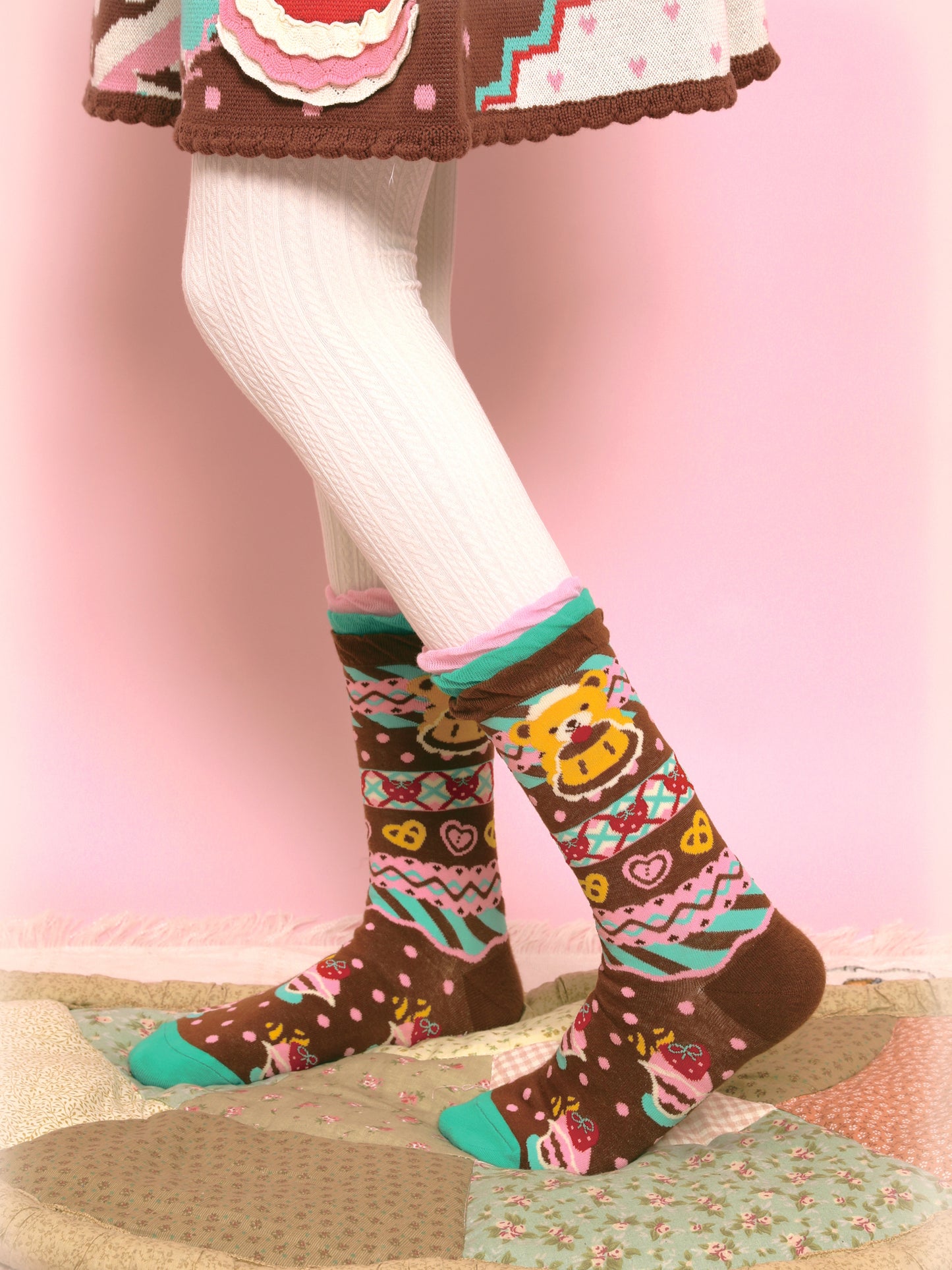 Original bear stripes thin pattern lace versatile mid-tube socks cotton socks