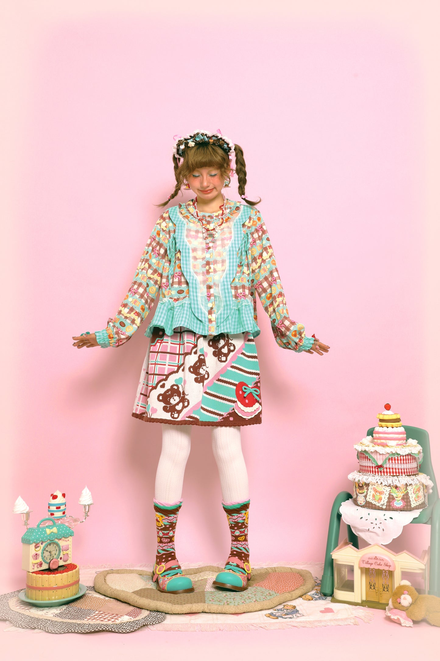 Retro diagonal striped bear thin and versatile cute knitted short skirt