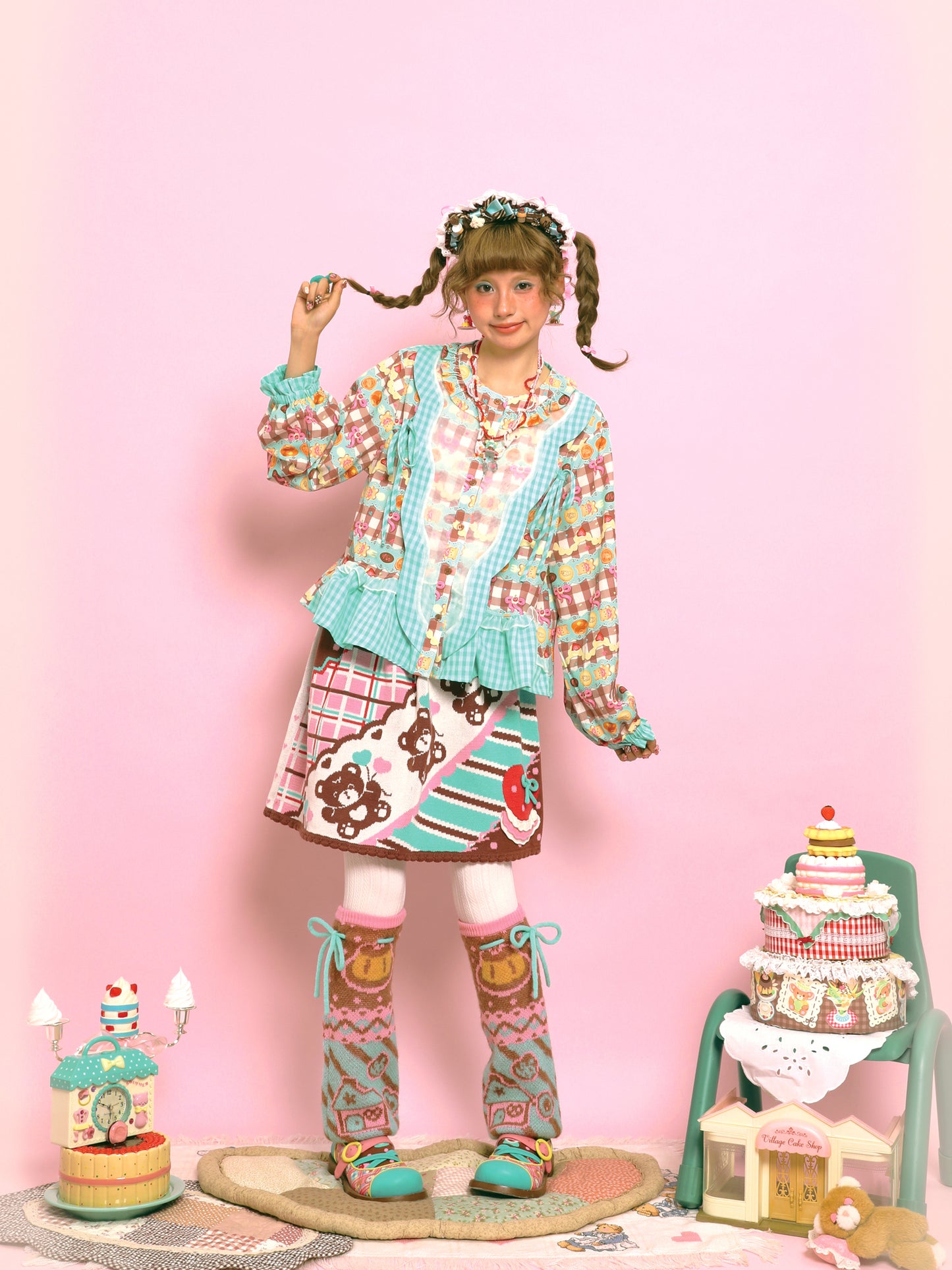 Blue and green plaid patchwork print retro lace collar shirt