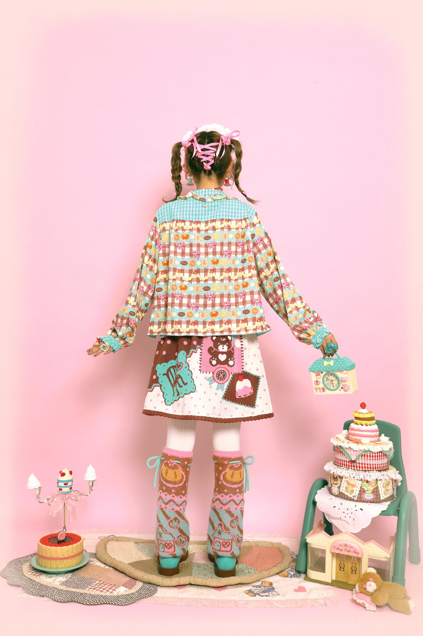 Blue and green plaid patchwork print retro lace collar shirt