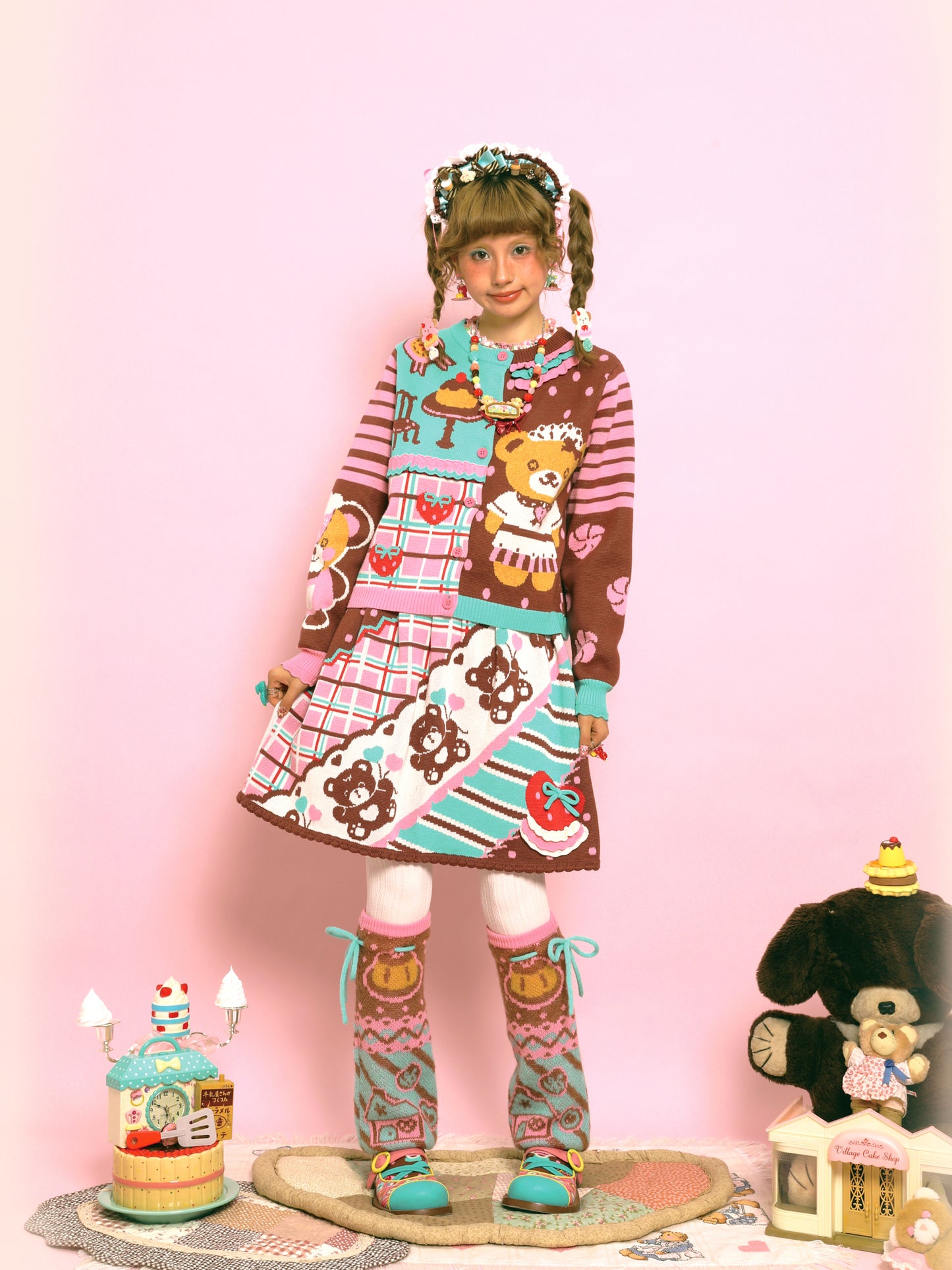 Retro diagonal striped bear thin and versatile cute knitted short skirt