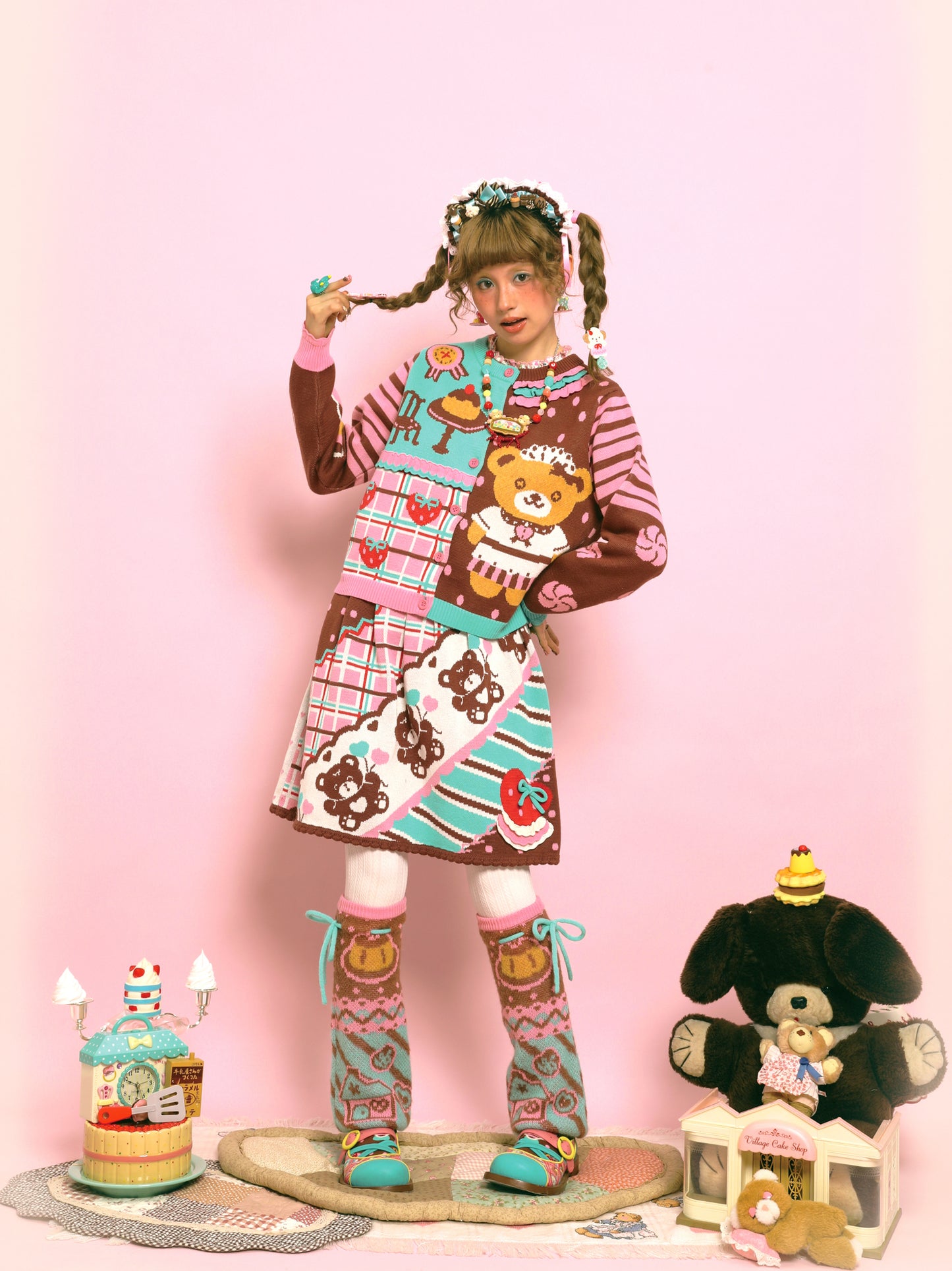 Retro diagonal striped bear thin and versatile cute knitted short skirt