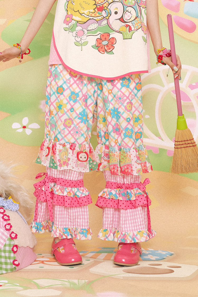 Spliced printed plaid cute pink elastic waist loose cake trousers