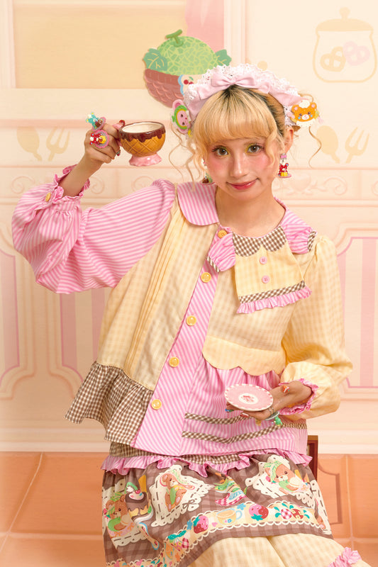 Original splicing deconstruction small clothing collar design pink and yellow shirt