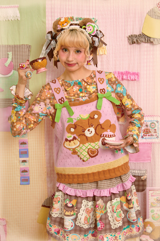 Pink Bear Afternoon Tea Pattern Hollow Knit Camisole Vest